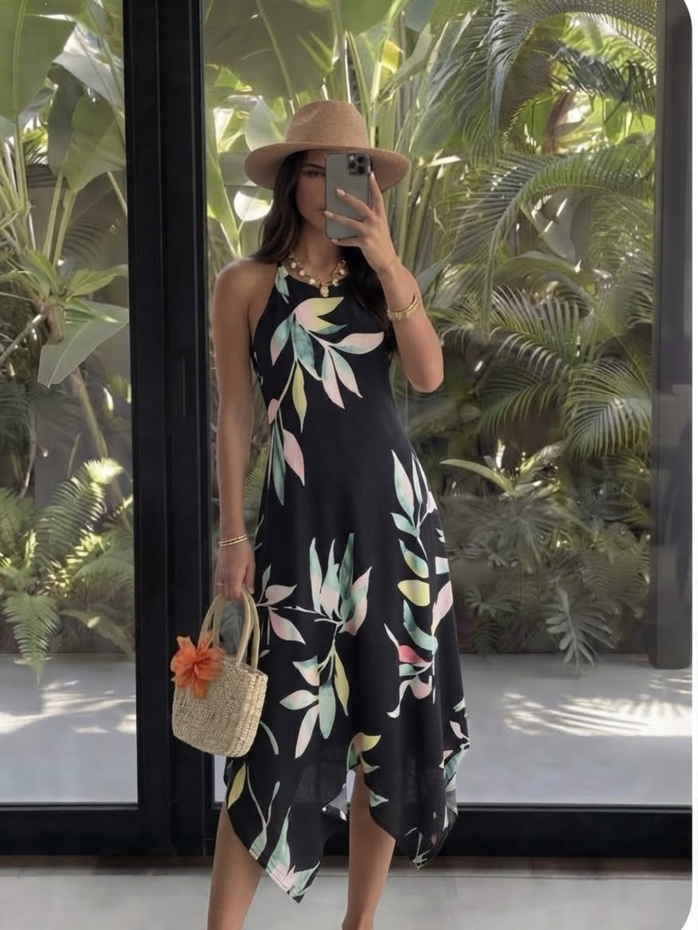 Reitmans Black Floral Handkerchief Halter Dress Med/Large